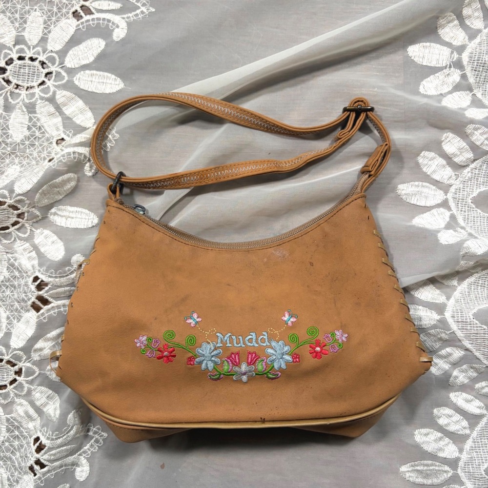 Vintage Mudd Y2K Tan Floral Embroidered Shoulder Bag Whipstitch Hobo Purse